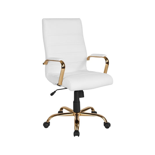 High Back White LeatherSoft Executive Swivel Office Chair with Gold Frame and Arms