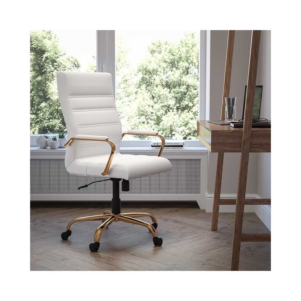 High Back White LeatherSoft Executive Swivel Office Chair with Gold Frame and Arms