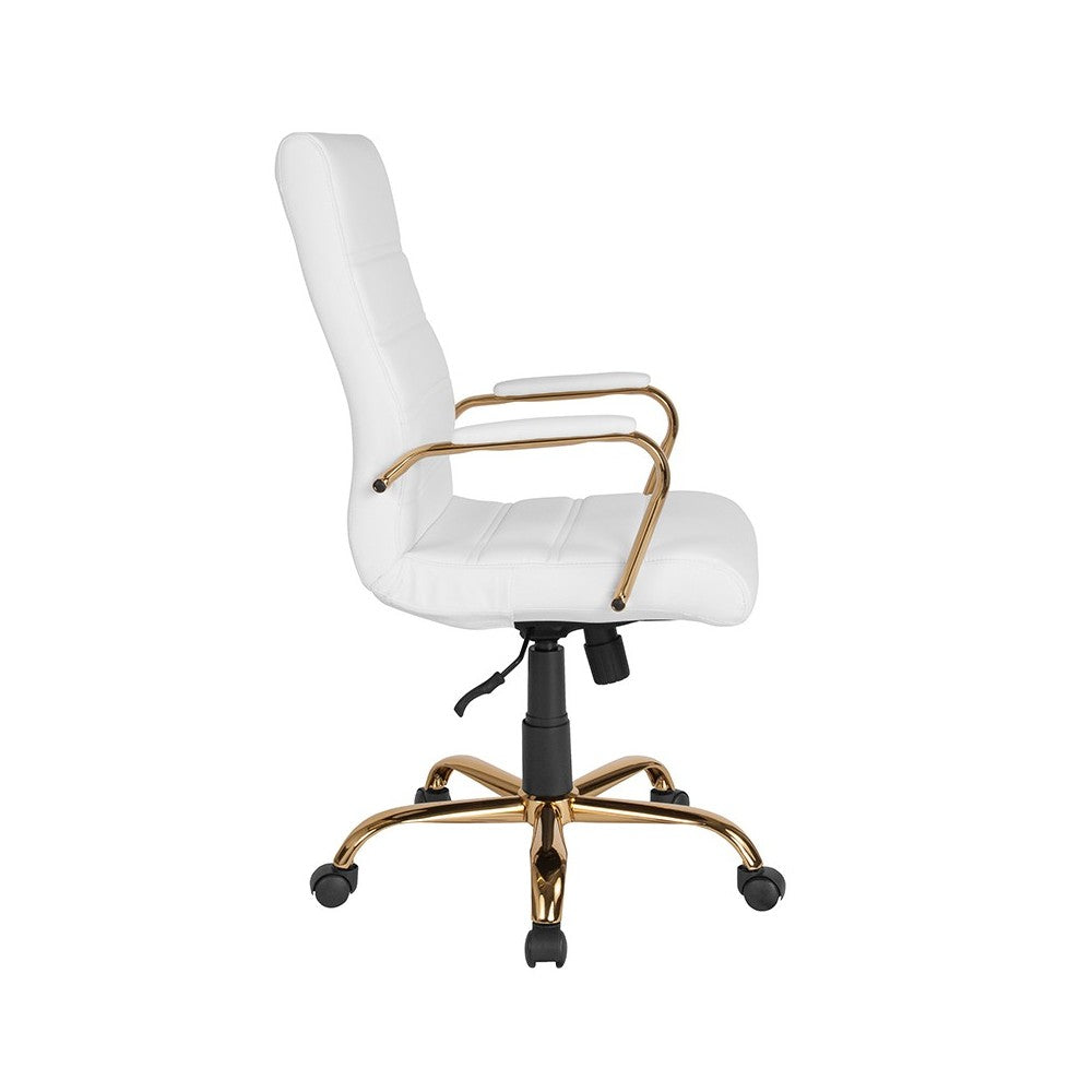 High Back White LeatherSoft Executive Swivel Office Chair with Gold Frame and Arms