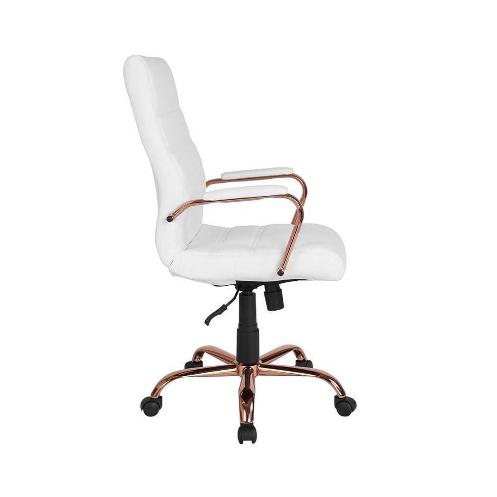 High Back White LeatherSoft Executive Swivel Office Chair with Rose Gold Frame and Arms