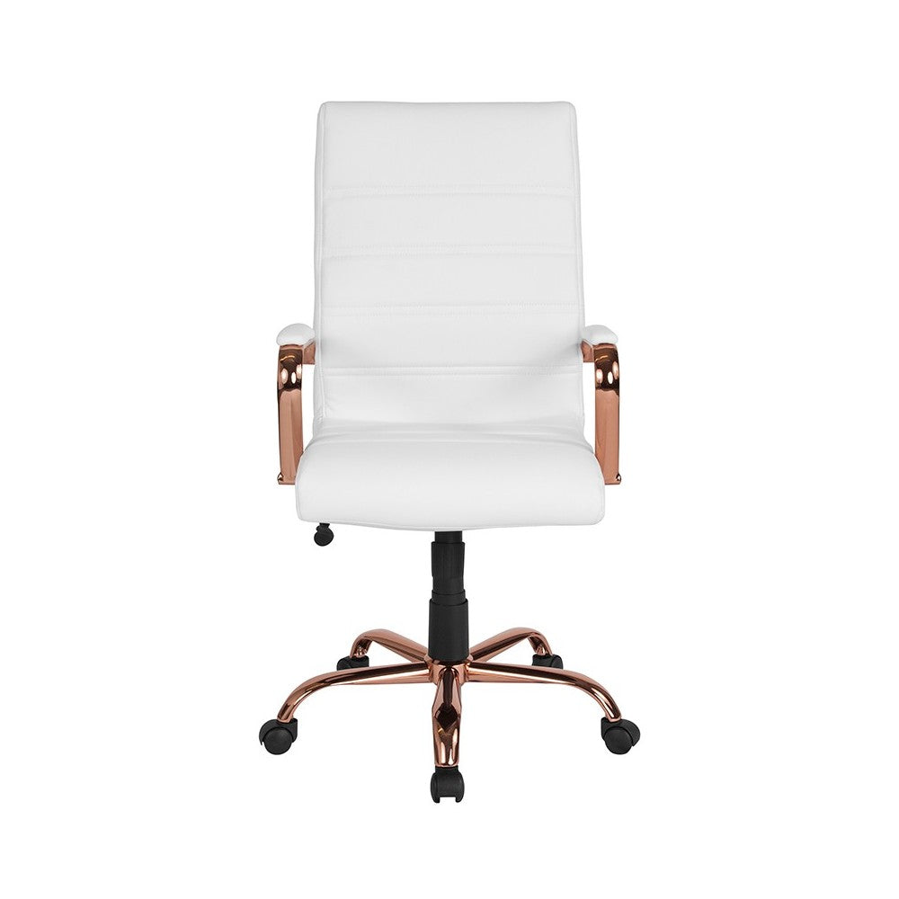 High Back White LeatherSoft Executive Swivel Office Chair with Rose Gold Frame and Arms