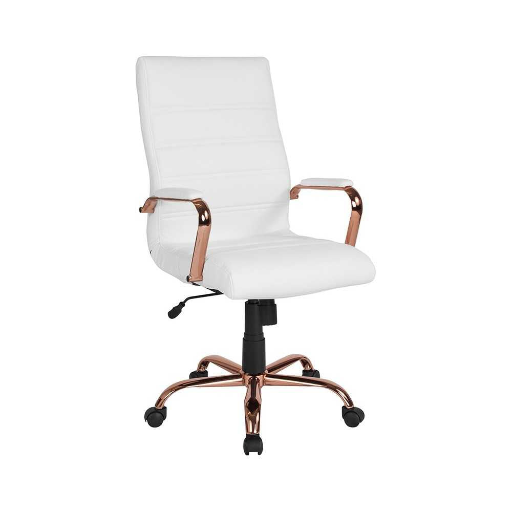 High Back White LeatherSoft Executive Swivel Office Chair with Rose Gold Frame and Arms