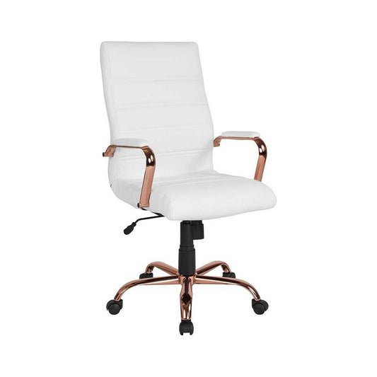 High Back White LeatherSoft Executive Swivel Office Chair with Rose Gold Frame and Arms