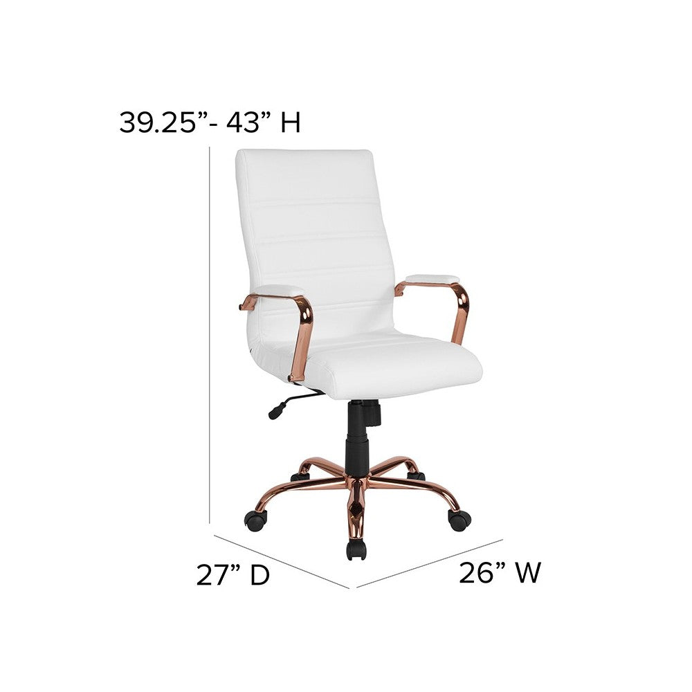 High Back White LeatherSoft Executive Swivel Office Chair with Rose Gold Frame and Arms