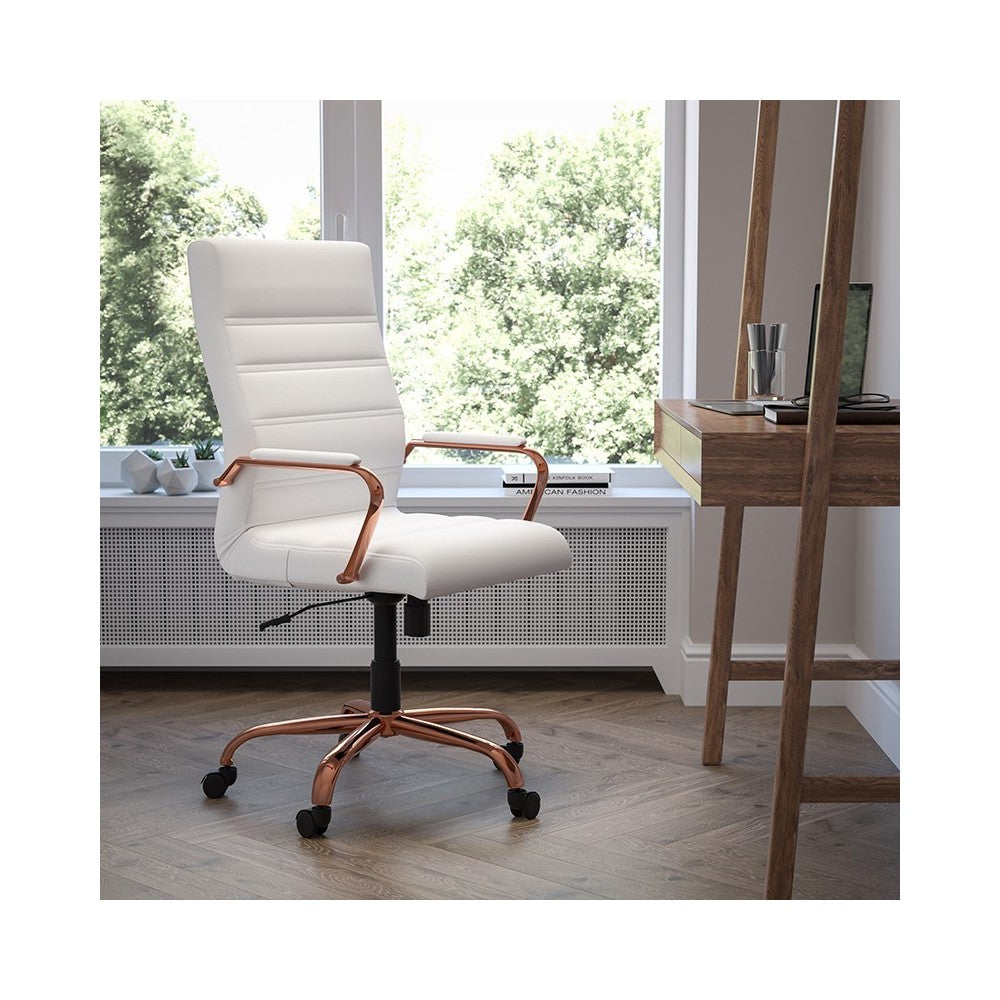 High Back White LeatherSoft Executive Swivel Office Chair with Rose Gold Frame and Arms