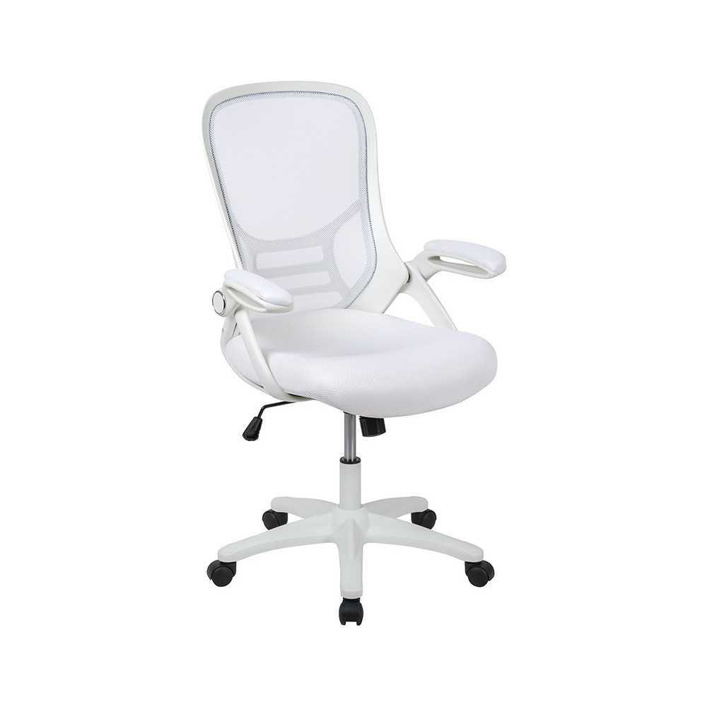 High Back White Mesh Ergonomic Swivel Office Chair with White Frame and Flip-up Arms