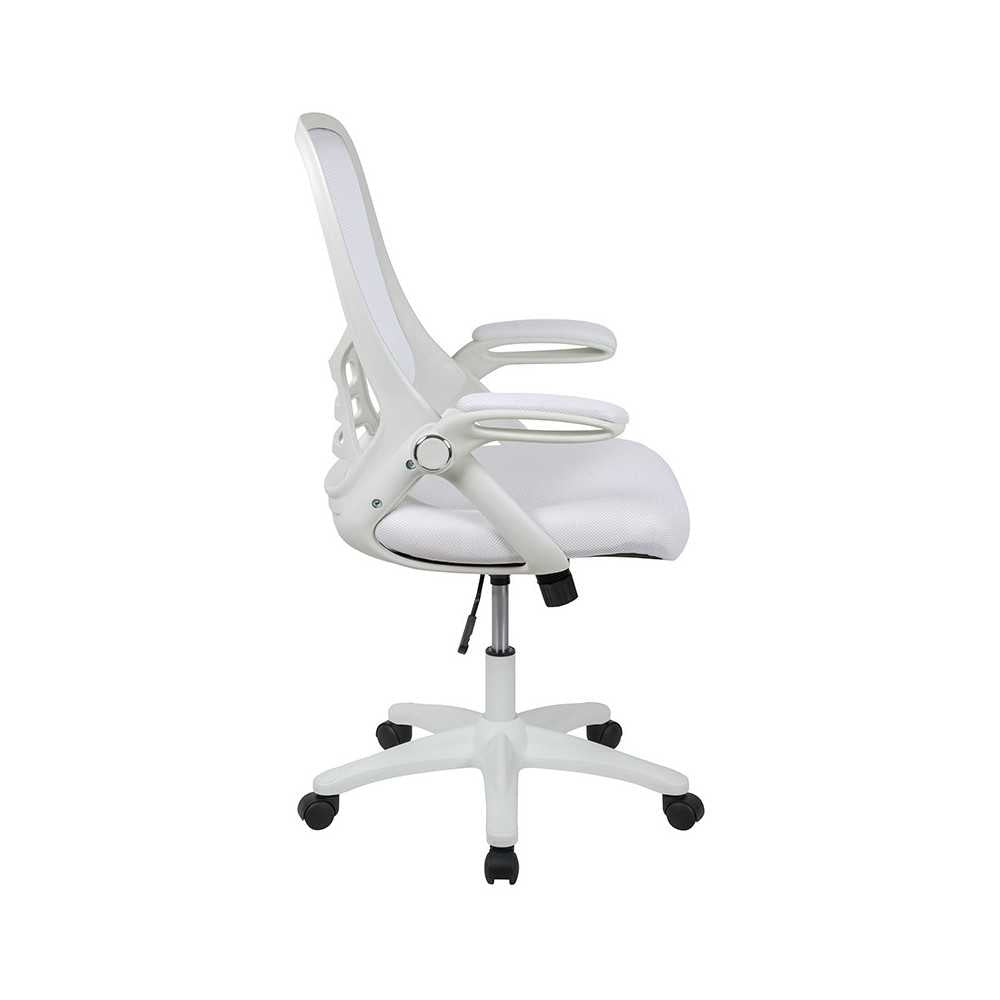 High Back White Mesh Ergonomic Swivel Office Chair with White Frame and Flip-up Arms