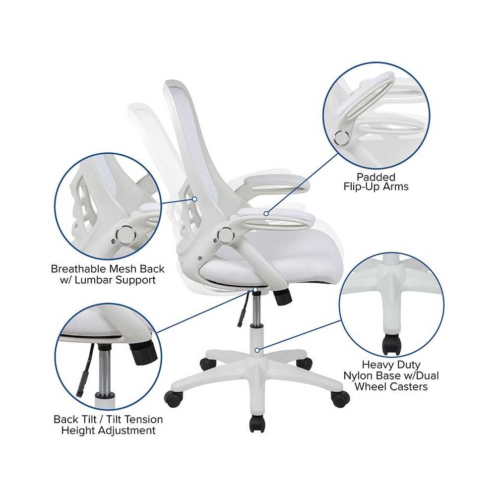 High Back White Mesh Ergonomic Swivel Office Chair with White Frame and Flip-up Arms