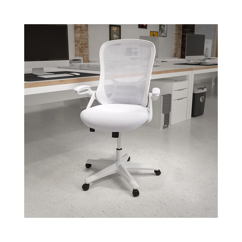 High Back White Mesh Ergonomic Swivel Office Chair with White Frame and Flip-up Arms