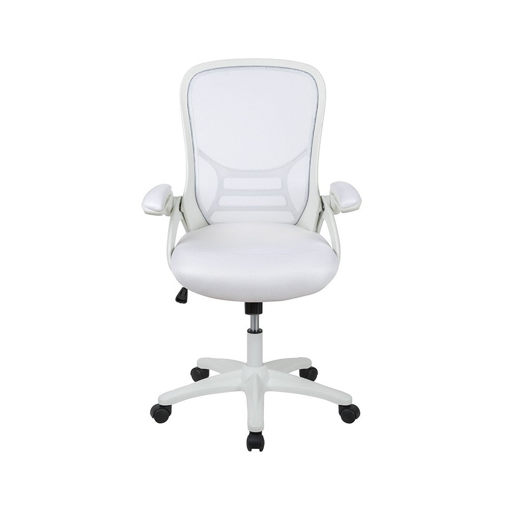 High Back White Mesh Ergonomic Swivel Office Chair with White Frame and Flip-up Arms