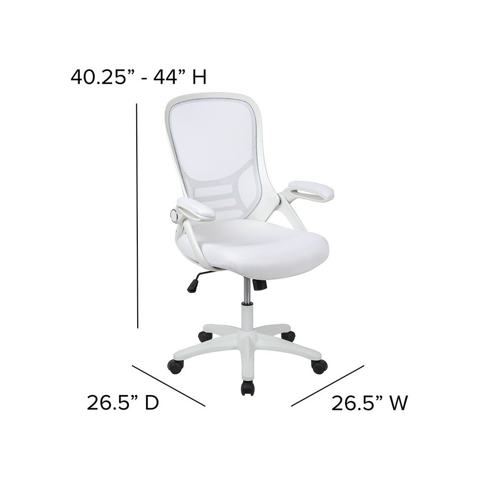 High Back White Mesh Ergonomic Swivel Office Chair with White Frame and Flip-up Arms