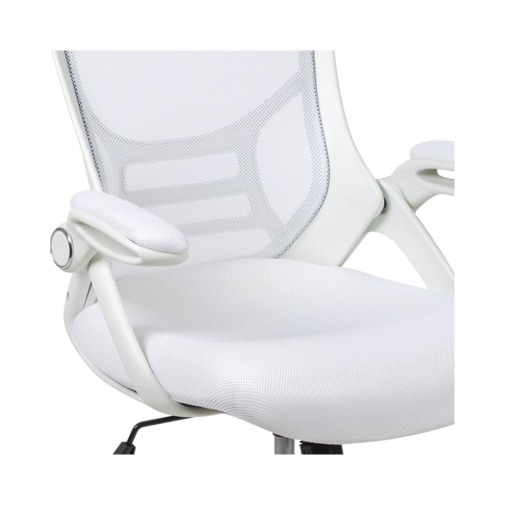 High Back White Mesh Ergonomic Swivel Office Chair with White Frame and Flip-up Arms