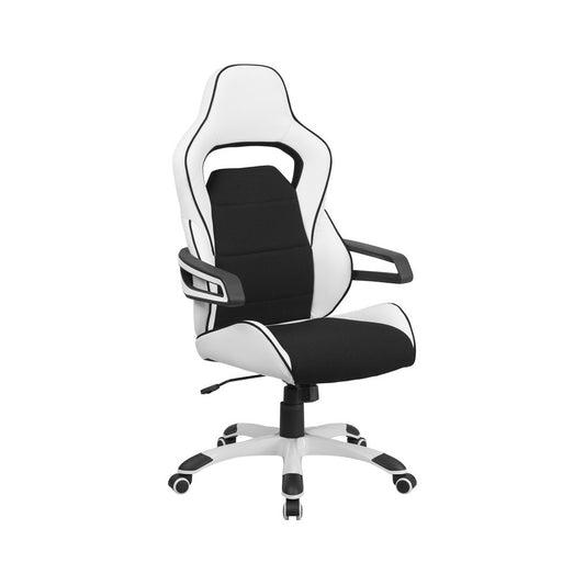 High Back White Vinyl Executive Swivel Office Chair with Black Fabric Inserts and Arms
