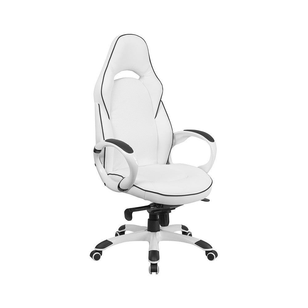 High Back White Vinyl Executive Swivel Office Chair with Black Trim and Arms