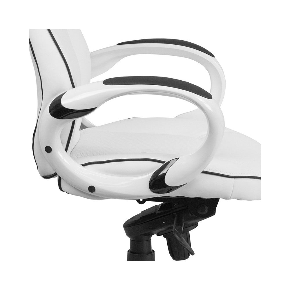 High Back White Vinyl Executive Swivel Office Chair with Black Trim and Arms