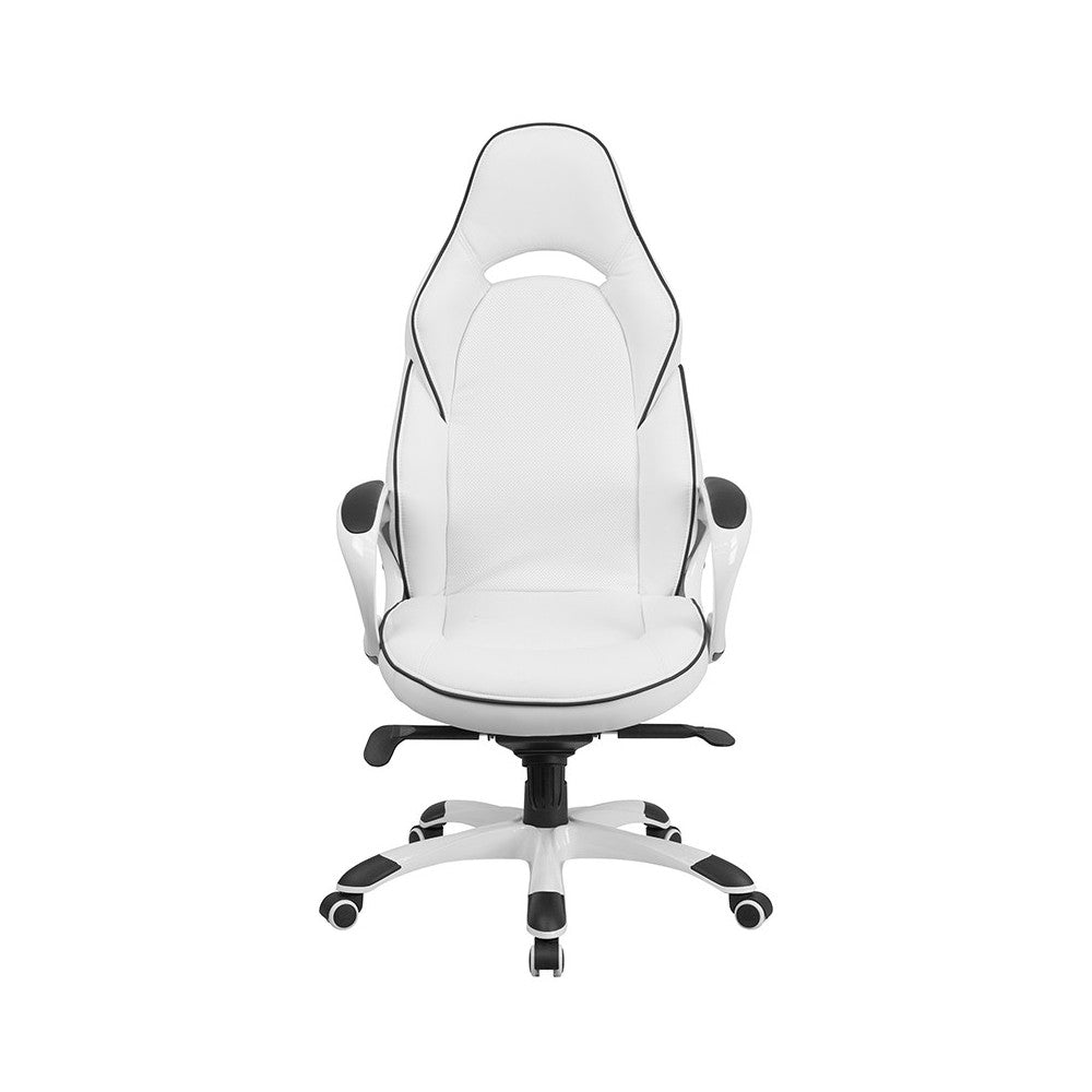 High Back White Vinyl Executive Swivel Office Chair with Black Trim and Arms
