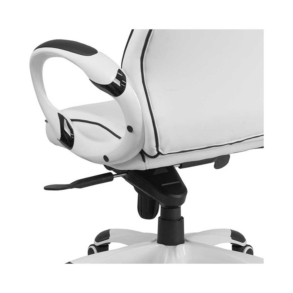 High Back White Vinyl Executive Swivel Office Chair with Black Trim and Arms