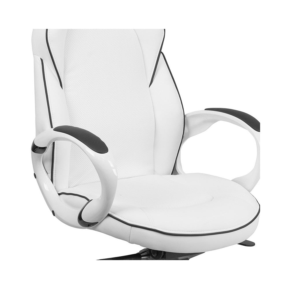 High Back White Vinyl Executive Swivel Office Chair with Black Trim and Arms