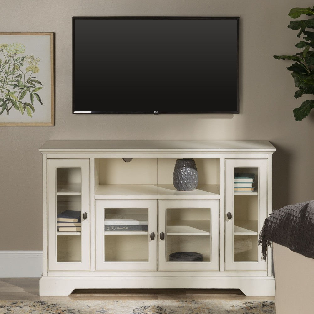 Highboy 52" Transitional Glass Wood TV Stand - Antique White