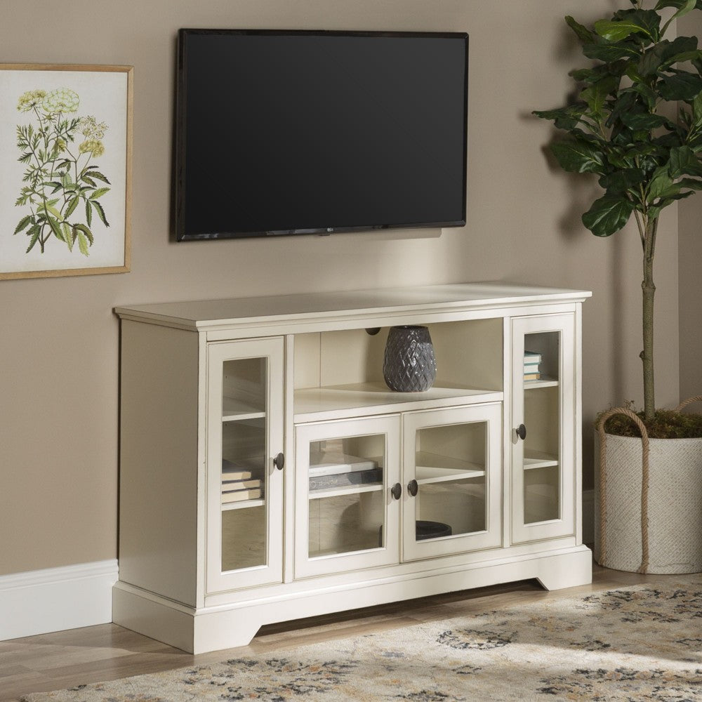 Highboy 52" Transitional Glass Wood TV Stand - Antique White