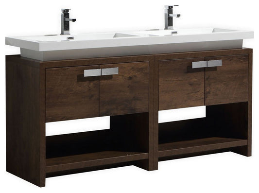 Levi 63" Rose Wood Modern Bathroom Vanity w/ Cubby Hole