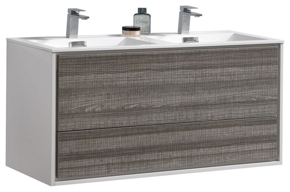 DeLusso 48" Double Sink  Ash Gray Wall Mount Modern Bathroom Vanity