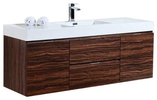 Bliss 60" Single Sink Walnut Wall Mount Modern Bathroom Vanity