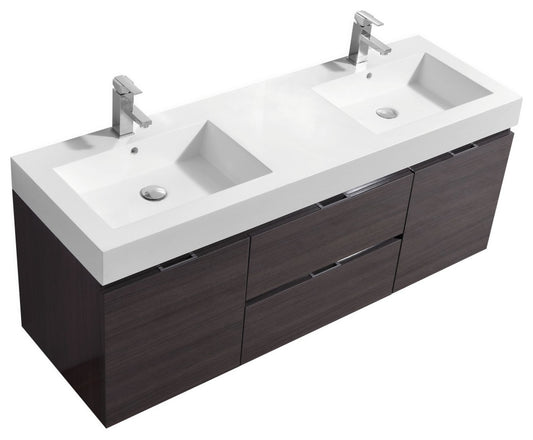 Bliss 60" Double Sink High Gloss Gray Oak Wall Mount Modern Bathroom Vanity