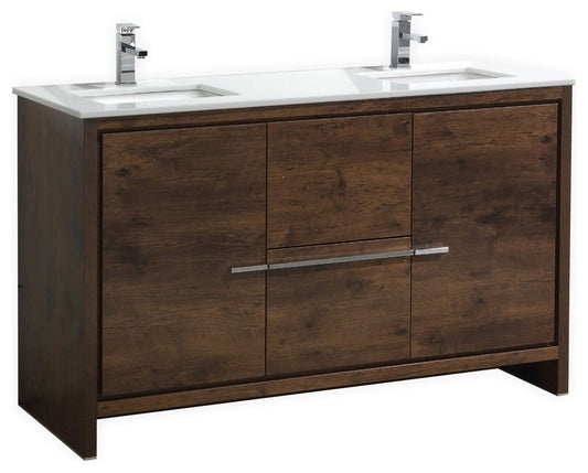 Dolce 60″ Double Sink Rose Wood Modern Bathroom Vanity with White Quartz Counter-Top