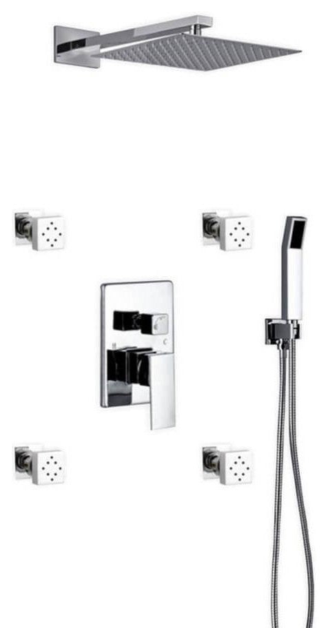 Brass Shower Set- 12In Square Rain Shower- Handheld- 4 Body Jets