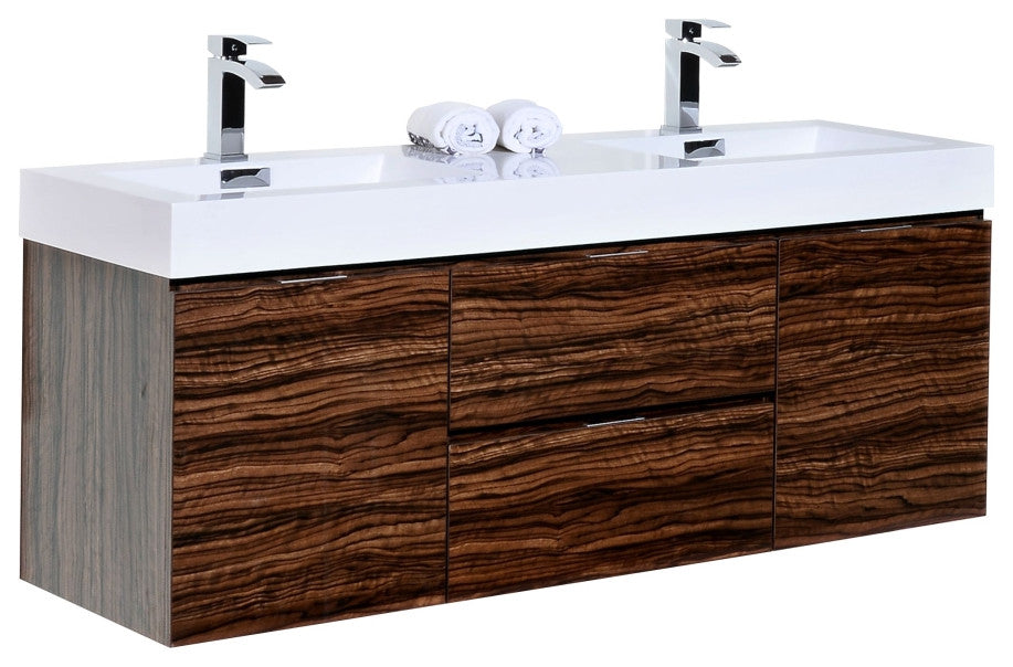 Bliss 60" Double  Sink Walnut Wall Mount Modern Bathroom Vanity