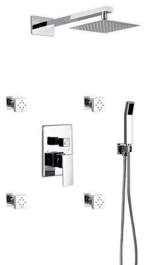 Brass Shower Set- 8In Square Rain Shower- 4 Body Jets- Handheld