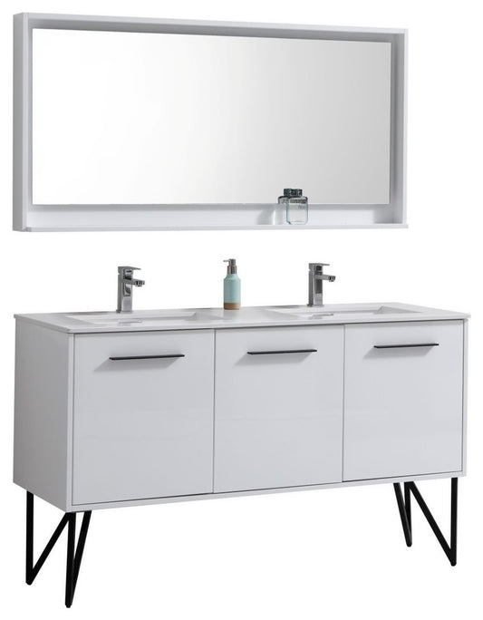 Bosco 60" Double Sink Modern Bathroom Vanity w/ Quartz Countertop and Matching Mirror