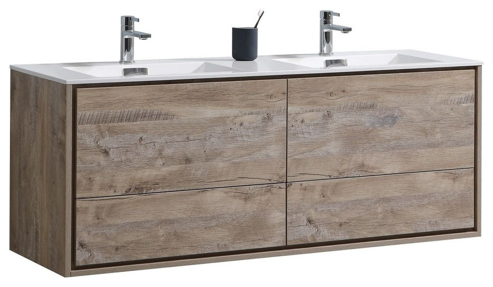 DeLusso 60" Double Sink Nature Wood Wall Mount Modern Bathroom Vanity