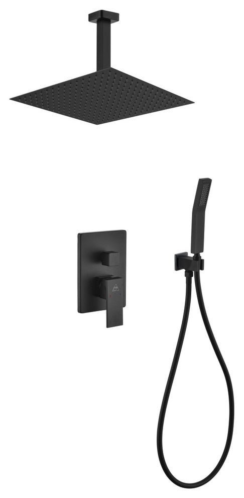 Matte Black Shower Set with 12In Ceiling Mount Square Rain Shower and Handheld