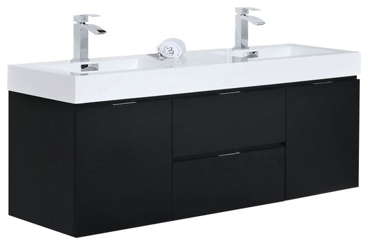 Bliss 60" Double  Sink Black Wall Mount Modern Bathroom Vanity