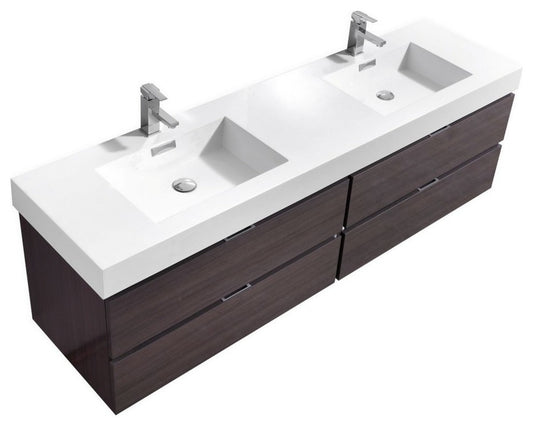 Bliss 72" Double Sink High Gloss Gray Oak Wall Mount Modern Bathroom Vanity