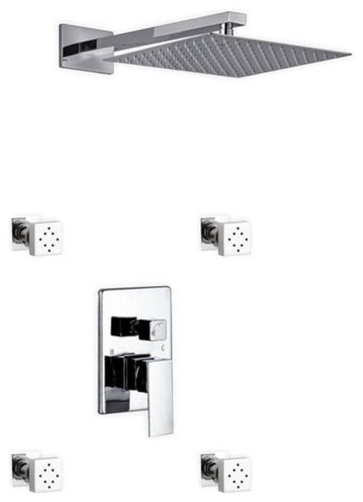 Aqua Piazza Brass Shower Set- 12In Square Rain Shower- 4 Body Jets