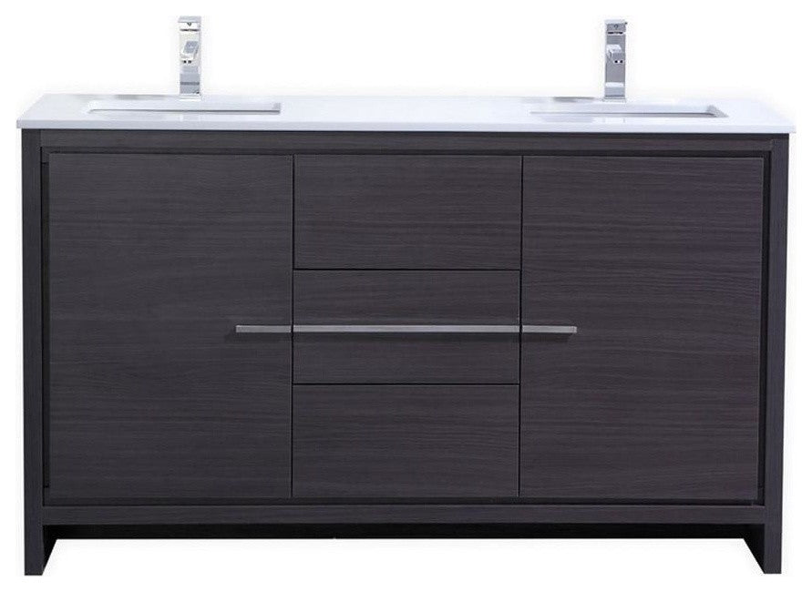 Dolce 60″ Double Sink Dark Gray Oak Modern Bathroom Vanity with White Quartz Counter-Top