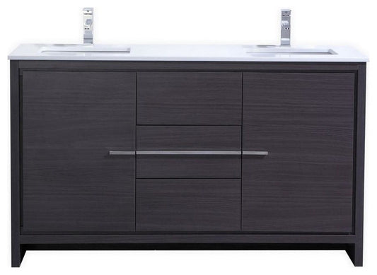 Dolce 60″ Double Sink Dark Gray Oak Modern Bathroom Vanity with White Quartz Counter-Top