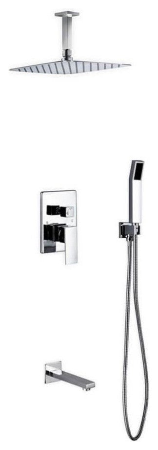 Brass Shower Set- 12In Ceiling Mount Square Rain Shower- Handheld- Tub Filler