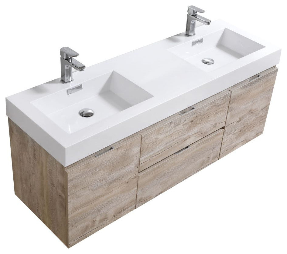 Bliss 60" Double  Sink Nature Wood Wall Mount Modern Bathroom Vanity