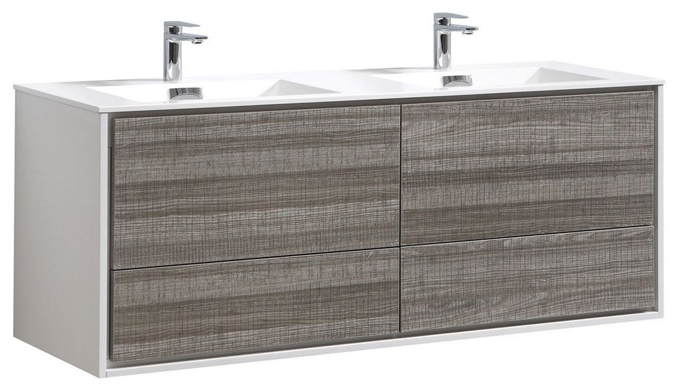 DeLusso 60" Double Sink  Ash Gray Wall Mount Modern Bathroom Vanity