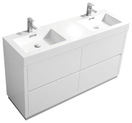 Bliss 60" Double Sink High Gloss White Free Standing Modern Bathroom Vanity