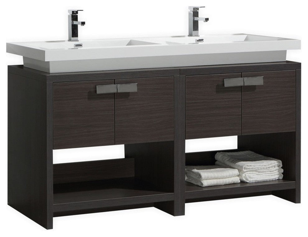 Levi 63" Dark Gray Oak Modern Bathroom Vanity w/ Cubby Hole