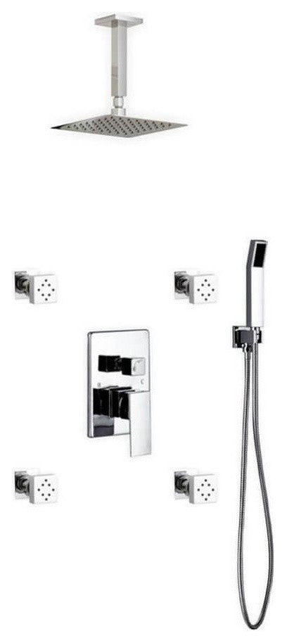 Brass Shower Set- 8In Ceiling Mount Square Rain Shower- Handheld- 4 Body Jets