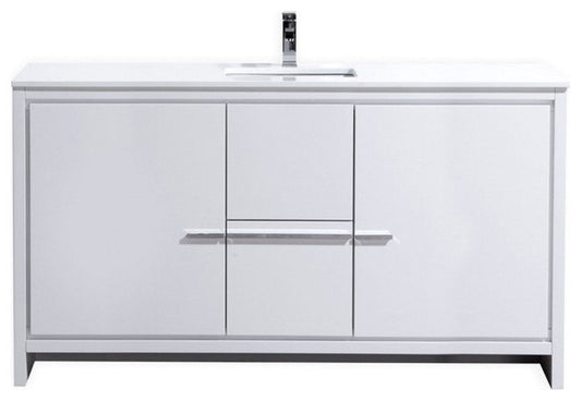 Dolce 60â€³ High Gloss White Modern Bathroom Vanity with White Quartz Counter-Top