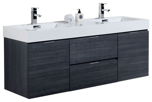 Bliss 60" Double Sink Gray Oak Wall Mount Modern Bathroom Vanity