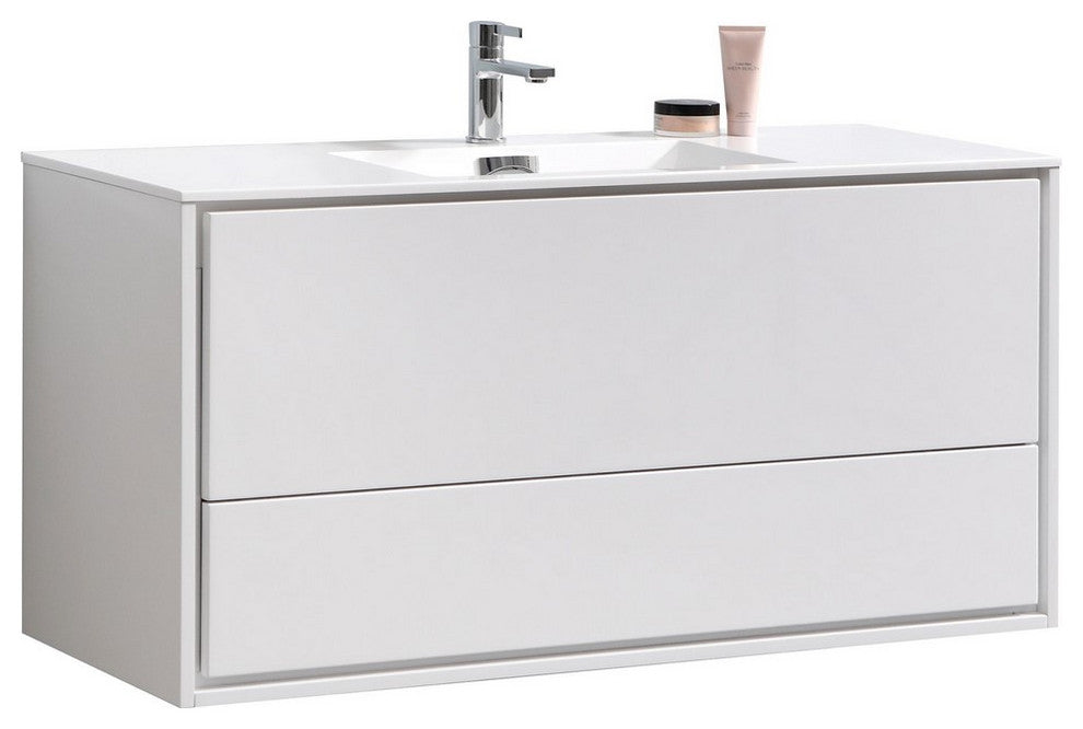 DeLusso 48" Single Sink High Glossy White Wall Mount Modern Bathroom Vanity