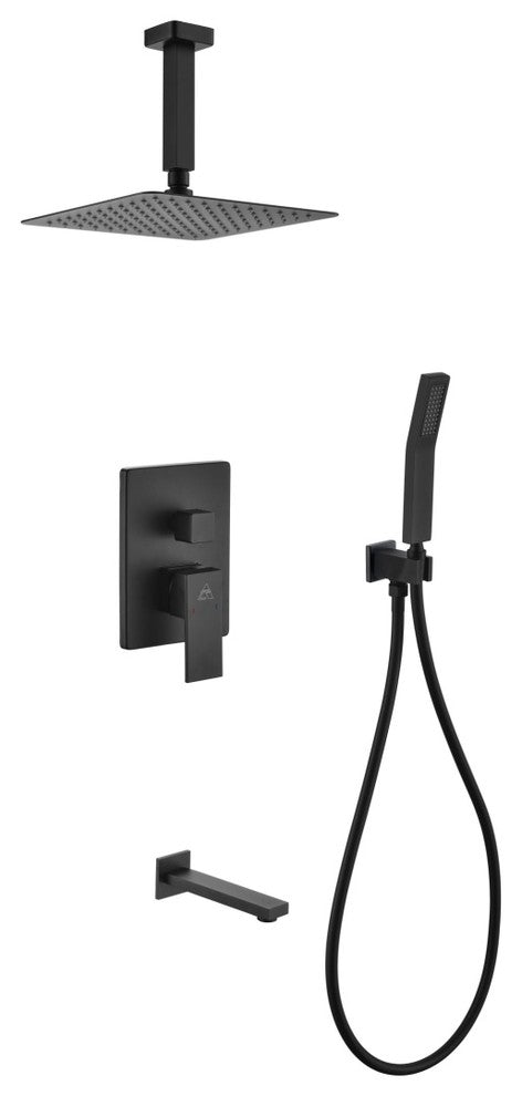 Matte Black Shower Set 8In Ceiling Mount Square Rain Shower-Handheld- Tub Filler